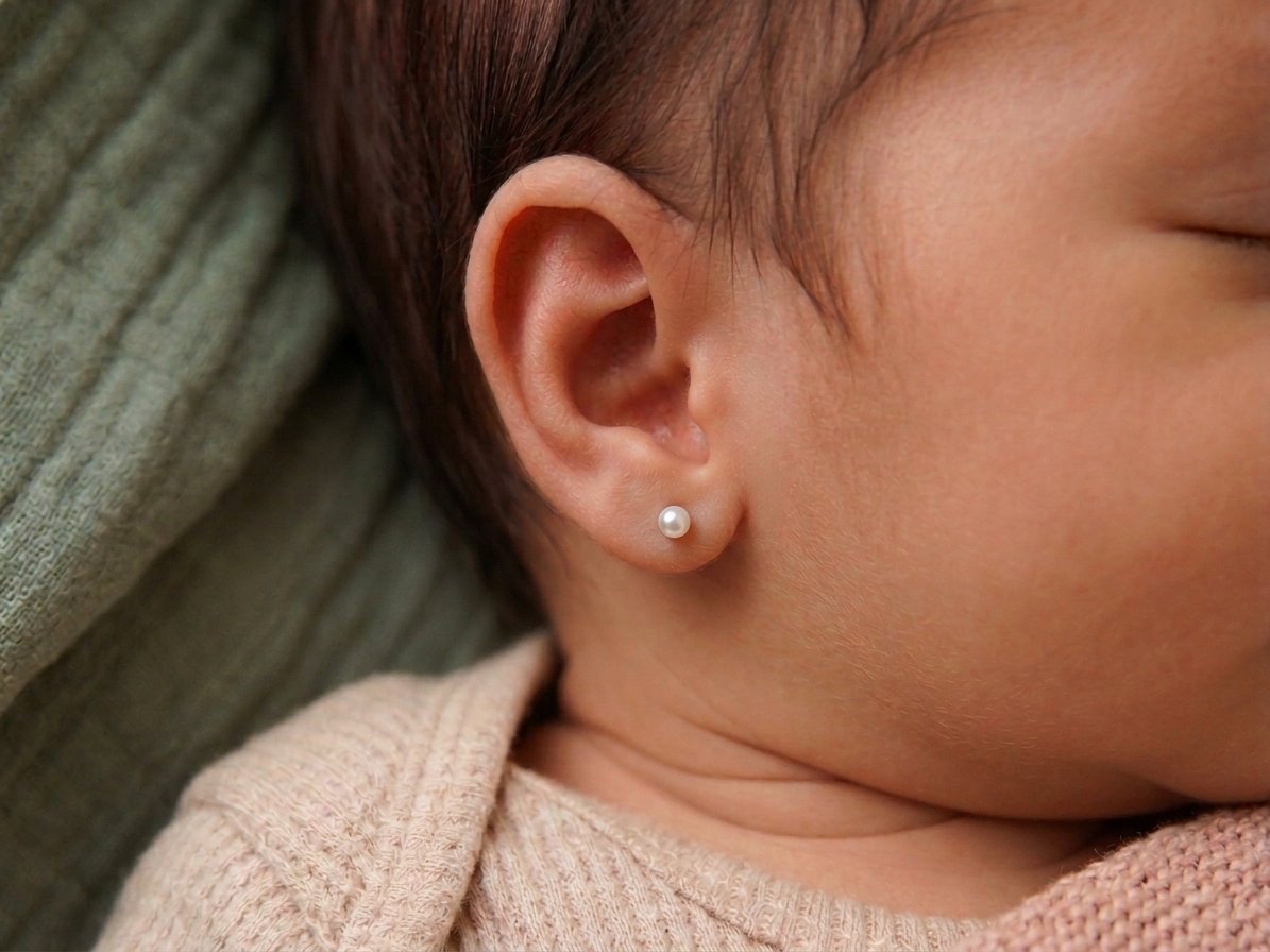 Close-up delicado de orelhinha de bebê com brinco pequeno e hipoalergênico