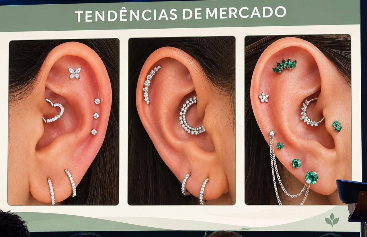 Orelha de adulto com brincos e piercings delicados em ouro